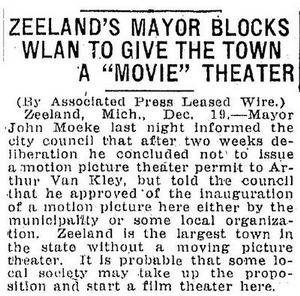 Dec 1916 mayor denies permit Zeeland Theater, Zeeland